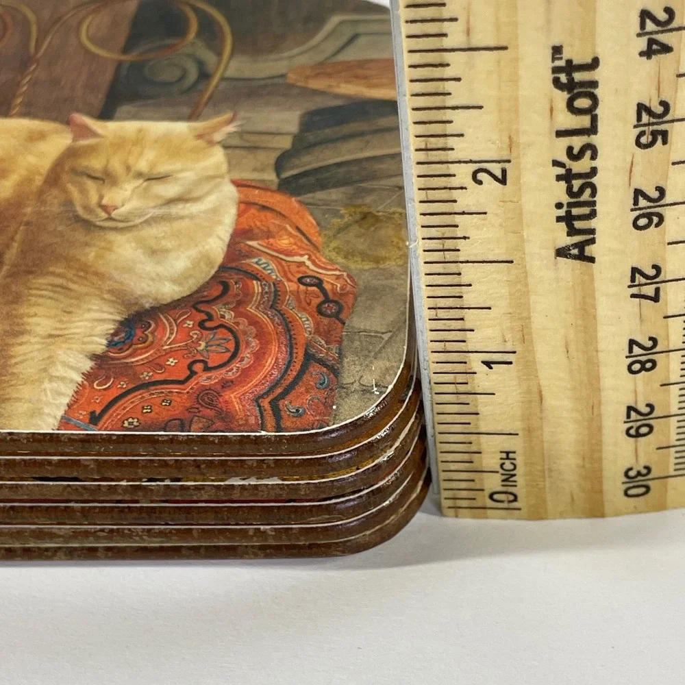 Vintage‎ Cat Art Coasters Set of 6 Cork Backed Square Tuxedo Ginger White Cats